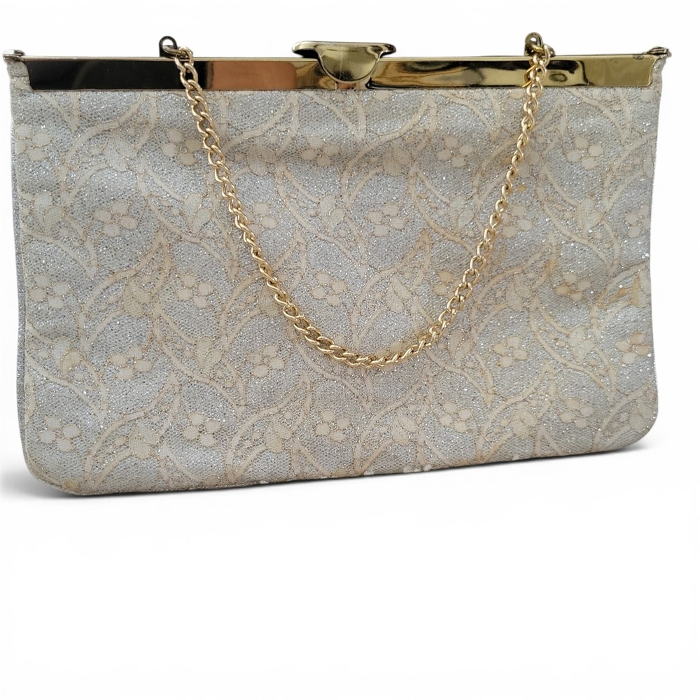 Vintage Ideal Silver Gold Floral Brocade Evening Clutch Purse Chain Strap